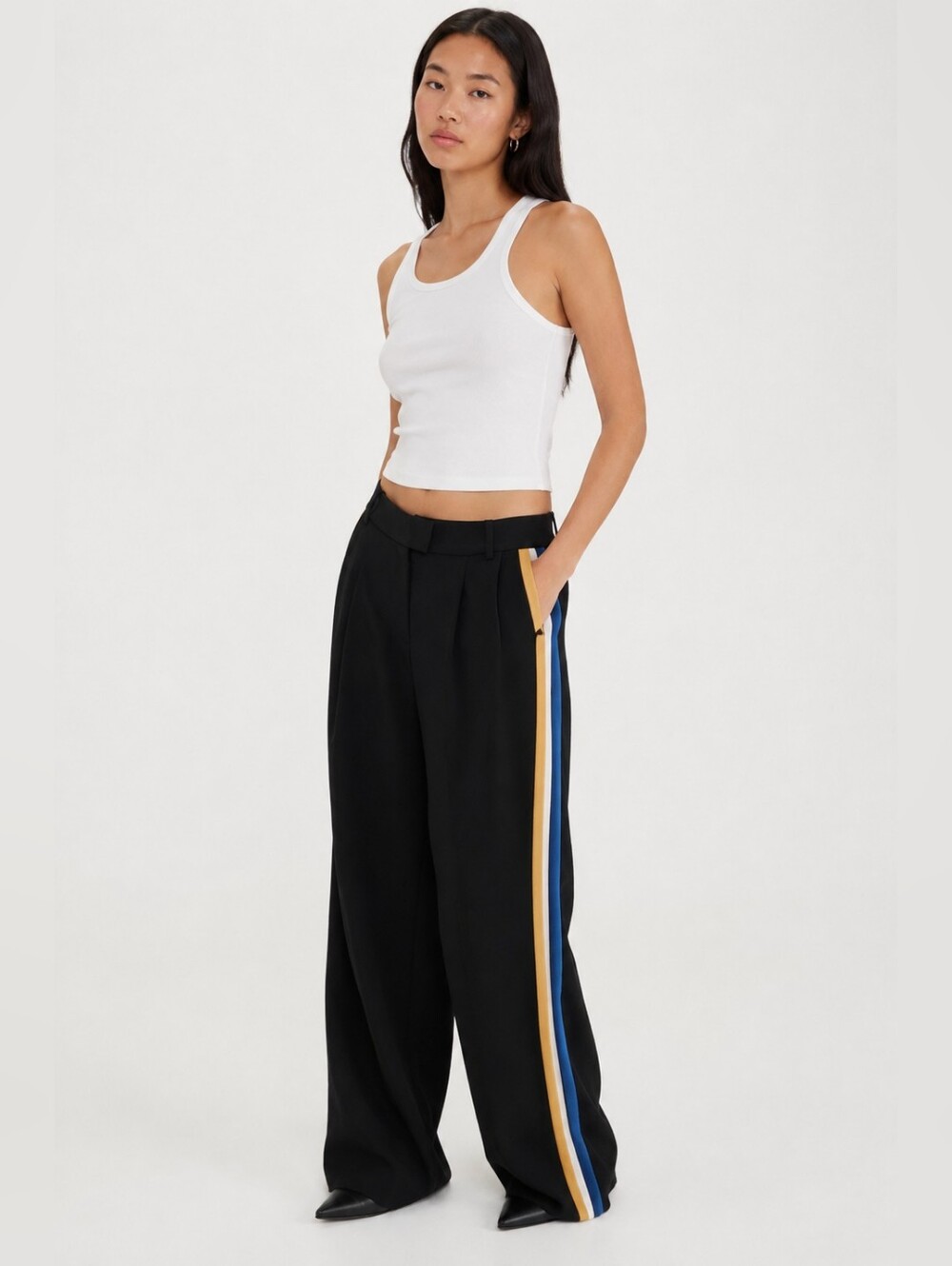 Aritzia Babaton Sadiki Black Wide-Leg Pants with Gold/Blue/White Side Stripes 4